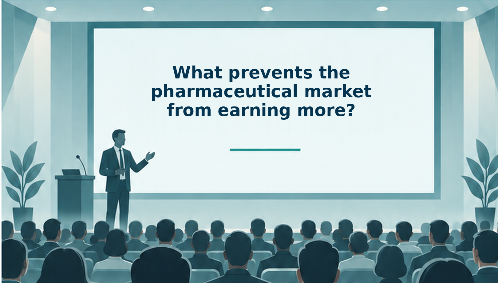 Conference hall: the question of what prevents the pharmaceutical market from earning more is shown on a large screen in front of the audience.