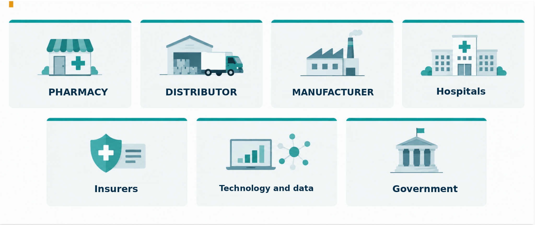 Seven groups of pharmaceutical-market participants: pharmacies, distributors, manufacturers, insurers, technology and data, hospitals, and government.