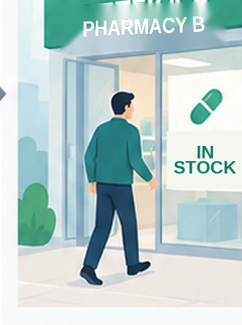 The customer finds the product at Pharmacy B