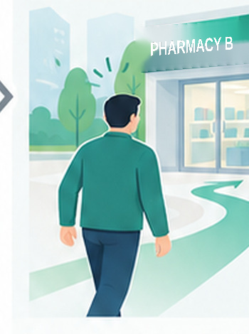 The customer changes their usual route and starts the search at Pharmacy B